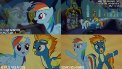 Size: 1280x720 | Tagged: safe, derpibooru import, edit, edited screencap, editor:quoterific, screencap, rainbow dash, spitfire, pegasus, pony, newbie dash, season 6, clothes, cute, cutefire, dashabetes, duo, female, goggles, image, mare, open mouth, open smile, png, smiling, spread wings, text, trophy, uniform, wings, wonderbolts uniform