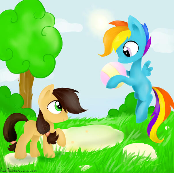 Size: 1600x1590 | Tagged: safe, artist:katemaximova, derpibooru import, rainbow dash, oc, earth pony, pegasus, pony, ball, bush, cloud, duo, duo male and female, female, hoof hold, image, jpeg, looking at each other, looking at someone, male, mare, outdoors, raised hoof, stallion, tree, wings