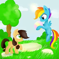 Size: 1600x1590 | Tagged: safe, artist:katemaximova, derpibooru import, rainbow dash, oc, earth pony, pegasus, pony, ball, bush, cloud, duo, duo male and female, female, hoof hold, image, jpeg, looking at each other, looking at someone, male, mare, outdoors, raised hoof, stallion, tree, wings