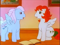 Size: 640x480 | Tagged: safe, derpibooru import, screencap, paradise, wind whistler, pegasus, pony, crunch the rockdog, my little pony 'n friends, book, bow, cute, duo, female, g1, image, indoors, jpeg, mare, open mouth, open smile, paradawwse, paradise estate, sitting, smiling, standing, tail, tail bow, talking, whistlerbetes