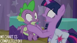 Size: 1280x720 | Tagged: safe, derpibooru import, edit, edited screencap, editor:quoterific, screencap, spike, twilight sparkle, twilight sparkle (alicorn), alicorn, dragon, pony, a trivial pursuit, season 9, spoiler:s09, bag, duo, female, image, jpeg, male, mare, open mouth, saddle bag, shrunken pupils, spread wings, text, winged spike, wings