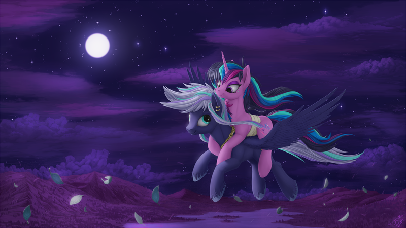 Size: 2500x1405 | Tagged: safe, artist:1jaz, derpibooru import, oc, unofficial characters only, pegasus, pony, unicorn, flying, image, leaves, moon, night, png, ponies riding ponies, riding, sky, stars