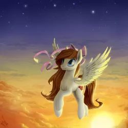 Size: 1500x1500 | Tagged: safe, artist:1jaz, derpibooru import, oc, unofficial characters only, pegasus, pony, flying, image, png, sky, solo, stars, sun