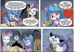 Size: 688x468 | Tagged: safe, derpibooru import, idw, screencap, izzy moonbow, zipp storm, opossum, pegasus, pony, unicorn, my little pony: a new generation, spoiler:comic, spoiler:g5comic, spoiler:g5comic02, cropped, exclamation point, g5, image, interrobang, name, name tag, png, question mark, reginald fursome, solo