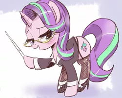 Size: 1326x1067 | Tagged: suggestive, artist:k-nattoh, derpibooru import, starlight glimmer, pony, unicorn, clothes, female, fishnets, glasses, high heels, hoof hold, horn, image, jpeg, lidded eyes, looking at you, mare, raised hoof, shoes, socks, solo, stockings, thigh highs