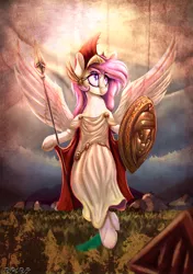 Size: 2000x2841 | Tagged: safe, artist:to_fat_to_fly, derpibooru import, oc, oc:athena (shawn keller), unofficial characters only, pegasus, pony, athena, chiton, clothes, female, flying, frog (hoof), guardians of pondonia, hoof hold, image, mare, png, shield, signature, solo, spear, spread wings, sunlight, toga, underhoof, weapon, wings