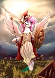 Size: 2000x2841 | Tagged: safe, alternate version, artist:to_fat_to_fly, derpibooru import, oc, oc:athena (shawn keller), unofficial characters only, pegasus, pony, athena, chiton, clothes, female, flying, frog (hoof), guardians of pondonia, hoof hold, image, mare, png, shield, signature, solo, spear, spread wings, sunlight, toga, underhoof, weapon, wings