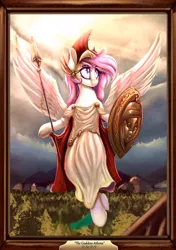 Size: 2000x2841 | Tagged: safe, alternate version, artist:to_fat_to_fly, derpibooru import, oc, oc:athena (shawn keller), unofficial characters only, pegasus, pony, athena, chiton, clothes, female, flying, frog (hoof), guardians of pondonia, hoof hold, image, mare, picture frame, png, shield, signature, solo, spear, spread wings, sunlight, toga, underhoof, weapon, wings