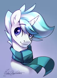 Size: 2000x2736 | Tagged: safe, artist:jedayskayvoker, derpibooru import, oc, oc:vanilla ice, unofficial characters only, pony, unicorn, bust, clothes, commission, cute, icon, image, male, png, portrait, raised eyebrow, scarf, sketch, solo, stallion, striped scarf