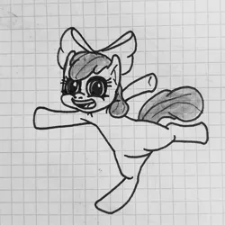 Size: 2092x2092 | Tagged: safe, artist:zados7, derpibooru import, apple bloom, earth pony, pony, bipedal, female, filly, foal, graph paper, image, jpeg, open mouth, solo, standing, standing on one leg, traditional art