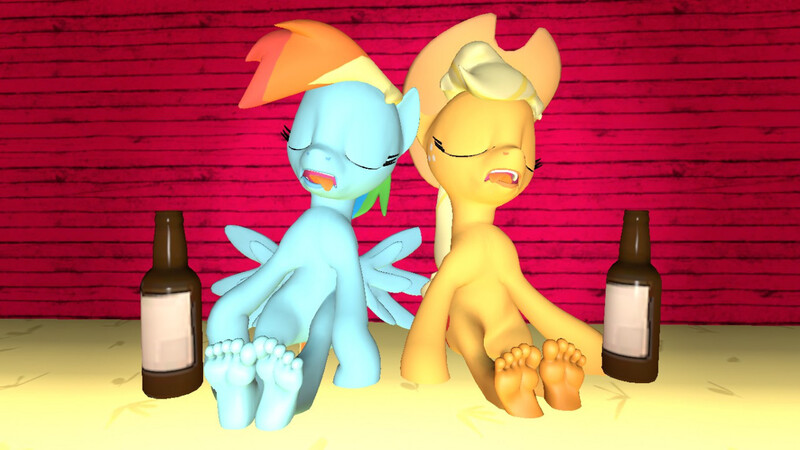 Size: 1280x720 | Tagged: suggestive, artist:somnofeetia8, derpibooru import, applejack, rainbow dash, earth pony, pegasus, reverse satyr, 3d, barefoot, drunk, feet, fetish, foot fetish, foot focus, gmod, image, jpeg, sleeping, toes