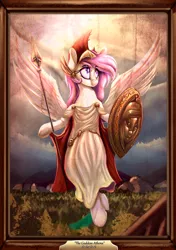 Size: 2000x2841 | Tagged: safe, alternate version, artist:to_fat_to_fly, derpibooru import, oc, oc:athena (shawn keller), unofficial characters only, pegasus, pony, athena, chiton, clothes, female, flying, frog (hoof), guardians of pondonia, hoof hold, image, mare, picture frame, png, shield, signature, solo, spear, spread wings, sunlight, toga, underhoof, weapon, wings