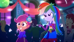 Size: 3410x1920 | Tagged: safe, derpibooru import, screencap, indigo wreath, nolan north, rainbow dash, scootaloo, eqg summertime shorts, equestria girls, raise this roof, belt, canterlot high, clothes, cutie mark, cutie mark on clothes, duo focus, eyes closed, fall formal outfits, female, fingerless gloves, gloves, grin, high res, image, jpeg, male, open mouth, open smile, sleeveless, smiling