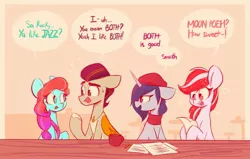 Size: 2048x1302 | Tagged: safe, alternate version, artist:scribble-potato, derpibooru import, part of a set, onyx, sugar moonlight, earth pony, pegasus, pony, unicorn, beret, clothes, cute, dialogue, female, g5, hat, heart, hug, image, implied shipping, jazz (g5), jewelry, jpeg, male, mare, mug, necklace, open mouth, paper, pencil, poem, quartet, rocky (g5), scarf, speech bubble, stallion, unshorn fetlocks