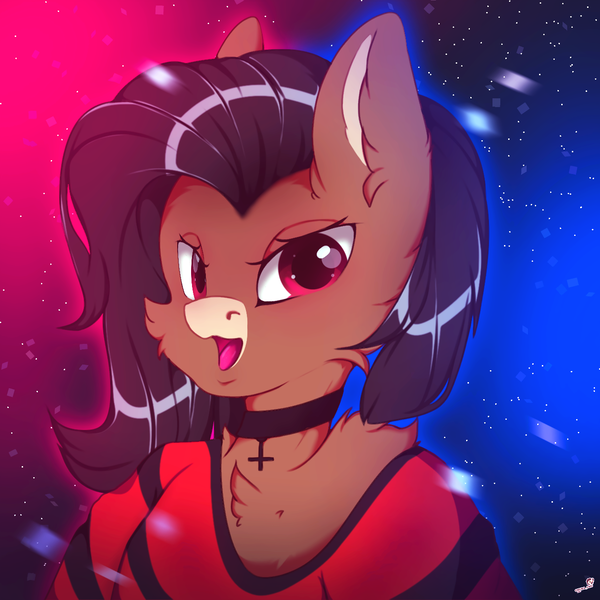 Size: 1300x1300 | Tagged: safe, artist:chura chu, derpibooru import, oc, oc:vivian rosilyn, unofficial characters only, pony, black hair, bust, clothes, commission, coral, female, image, mare, png, portrait, red eyes, shirt, simple background, solo, solo female, t-shirt