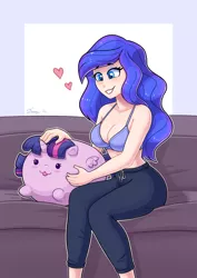 Size: 2480x3508 | Tagged: safe, artist:dandy, derpibooru import, part of a set, princess luna, human, blushing, bra, breasts, busty princess luna, cleavage, clothes, couch, female, heart, heart eyes, humanized, image, pants, plushie, png, sitting, smiling, solo, sweatpants, underwear, wingding eyes