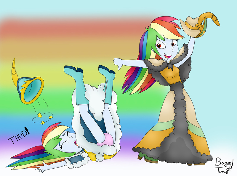 Size: 2748x2048 | Tagged: suggestive, artist:bageloftime, derpibooru import, rainbow dash, equestria girls, ponies of dark water, clothes, dizzy, dress, female, image, jpeg, panties, panty shot, red eyes, self paradox, underwear, wedding dress