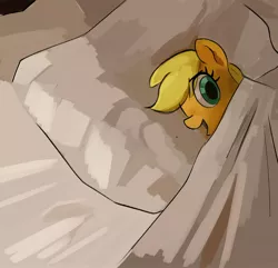 Size: 2406x2322 | Tagged: safe, artist:_ton618_, derpibooru import, applejack, earth pony, pony, bed, blanket, eye clipping through hair, female, image, jpeg, lying down, mare, open mouth, pillow, side, solo