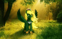 Size: 2585x1653 | Tagged: safe, artist:mira.veike, derpibooru import, oc, oc:prince ecosis, unofficial characters only, alicorn, pony, my little pony: a new generation, alicorn oc, chromatic aberration, crepuscular rays, forest, g5, grass, horn, image, jewelry, male, nature, outdoors, png, regalia, solo, spread wings, stallion, sunny, tree, wings