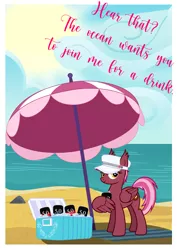 Size: 3543x5010 | Tagged: safe, artist:bnau, derpibooru import, oc, oc:zeny, unofficial characters only, pony, alcohol, alternate hairstyle, beach, beach towel, beer, beer can, cap, cooler, female, german, hat, holding, ice, image, looking at you, mare, ocean, pegaus, png, postcard, show accurate, solo, sun, towel, umbrella, vector, water, wing hands, wings, writing