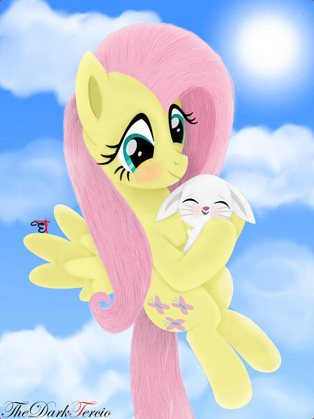 Size: 1280x1707 | Tagged: safe, artist:thedarktercio, derpibooru import, angel bunny, fluttershy, pegasus, pony, angelbetes, cloud, cloudy, cute, flying, image, jpeg, shyabetes, sky, sun