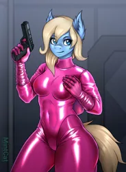 Size: 942x1280 | Tagged: suggestive, artist:mintcat, derpibooru import, oc, oc:lusty symphony, unofficial characters only, anthro, pegasus, breasts, clothes, female, gun, hand on breast, handgun, image, jpeg, jumpsuit, latex, latex suit, leotard, looking at you, no trigger discipline, pegasus oc, pistol, skin tight, smiling, weapon, wings