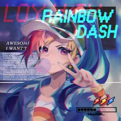 Size: 2362x2362 | Tagged: safe, artist:alice-x, derpibooru import, part of a set, rainbow dash, human, anaglyph 3d, awesome as i want to be, baseball cap, bubblegum, cap, equestria music festival, female, food, gum, hat, image, jpeg, looking at you, lyrics, peace sign, progress bar, solo, text, wristband