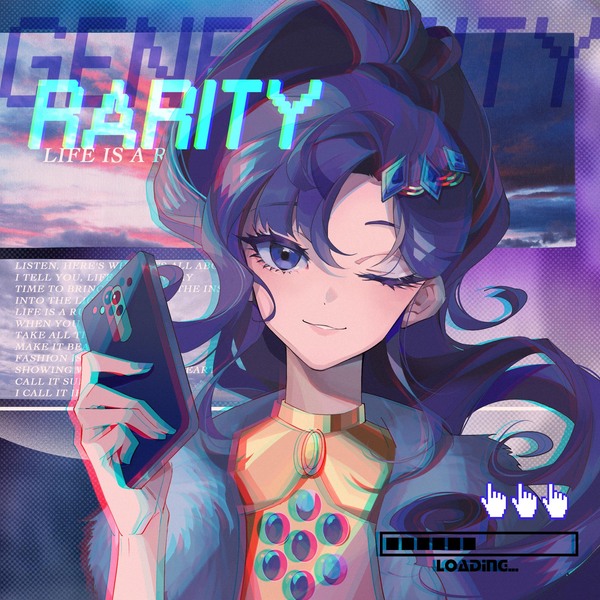 Size: 2362x2362 | Tagged: safe, artist:alice-x, derpibooru import, part of a set, rarity, human, equestria girls, life is a runway, anaglyph 3d, equestria music festival, female, image, jpeg, looking at you, lyrics, mobile phone, mouse cursor, one eye closed, phone, progress bar, smartphone, solo, text, wink, winking at you
