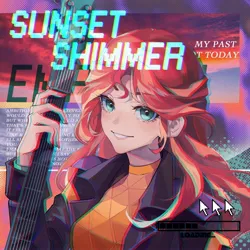 Size: 2362x2362 | Tagged: safe, artist:alice-x, derpibooru import, part of a set, sunset shimmer, human, equestria girls, my past is not today, anaglyph 3d, equestria music festival, female, guitar, image, jpeg, looking at you, lyrics, mouse cursor, musical instrument, progress bar, solo, text