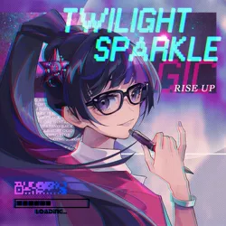 Size: 2362x2362 | Tagged: safe, artist:alice-x, derpibooru import, part of a set, twilight sparkle, human, anaglyph 3d, equestria music festival, female, glasses, image, jpeg, looking at you, lyrics, pen, progress bar, qr code, rise up, solo, text