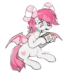 Size: 1308x1533 | Tagged: safe, artist:guwauu, derpibooru import, oc, unofficial characters only, bat pony, pony, clothes, digital art, ear socks, image, png, pony oc, rubik's cube, simple background, sitting, socks, solo, striped socks, transparent background