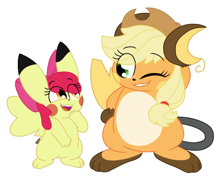 Size: 2048x1664 | Tagged: safe, artist:animatroniclovingsylveon, derpibooru import, apple bloom, applejack, pikachu, raichu, eye clipping through hair, female, grin, image, one eye closed, open mouth, open smile, pikabloom, png, pokefied, pokémon, race swap, siblings, simple background, sisters, smiling, transparent background, voice actor joke, wink