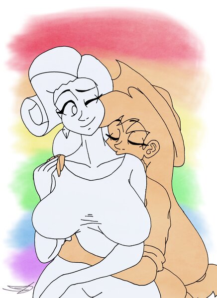 Size: 2978x4096 | Tagged: safe, artist:ringteam7, derpibooru import, applejack, rarity, human, big breasts, breasts, busty rarity, eyes closed, female, hug, hug from behind, humanized, image, jpeg, lesbian, limited palette, monochrome, mouthpiece, pride flag, rarijack, shipping, smiling