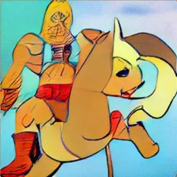 Size: 930x930 | Tagged: safe, dall·e mini, derpibooru import, machine learning generated, applejack, human, abstract art, he-man, image, modern art, png, riding a pony