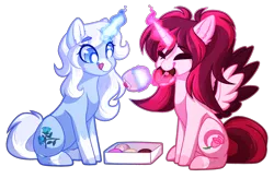 Size: 2000x1300 | Tagged: safe, artist:purplegrim40, derpibooru import, oc, unofficial characters only, alicorn, pony, alicorn oc, donut, duo, eating, female, food, glow, glowing horn, horn, image, licking, licking lips, magic, mare, png, smiling, telekinesis, tongue out, wings