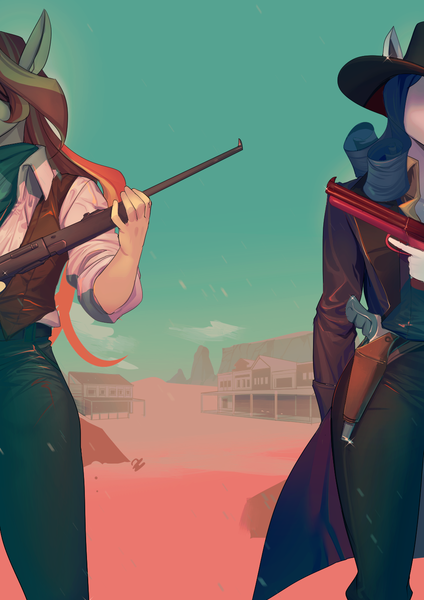 Size: 990x1402 | Tagged: safe, artist:bakki, derpibooru import, rarity, sunset shimmer, anthro, unicorn, bandana, belt, clothes, coat, commission, cowboy, cowboy hat, denim, duo, fanfic art, female, gun, handgun, hat, holster, image, jeans, pants, png, revolver, rifle, sand, shirt, vest, weapon, wild west