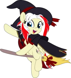 Size: 4585x5000 | Tagged: safe, artist:jhayarr23, derpibooru import, oc, oc:redsun, unofficial characters only, pegasus, broom, cape, clothes, commission, costume, female, flying, flying broomstick, halloween, hat, holiday, image, png, simple background, solo, transparent background, witch hat, ych result