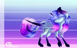 Size: 1663x1045 | Tagged: safe, artist:prettyshinegp, derpibooru import, oc, unofficial characters only, alicorn, pony, abstract background, alicorn oc, female, horn, image, looking back, mare, png, signature, solo, unshorn fetlocks, wings