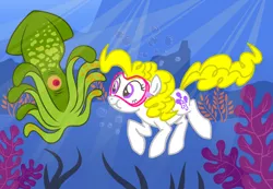 Size: 1300x900 | Tagged: safe, artist:sketchyjackie, derpibooru import, edit, surprise, earth pony, pony, squid, 1000 hours in ms paint, adoraprise, bubble, coral, cute, dive mask, diving, earth pony surprise, female, g1, g1 to g4, g4, generation leap, goggles, image, mare, ms paint, ocean, png, race swap, seaweed, underwater, underwater surprise, water