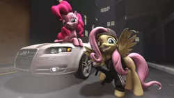 Size: 1920x1080 | Tagged: safe, derpibooru import, fluttershy, pinkie pie, earth pony, pegasus, pony, audi, cap, car, clothes, gun, hat, image, jacket, looking at you, night, png, smiling, street, weapon