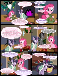 Size: 1042x1358 | Tagged: safe, artist:dendoctor, derpibooru import, doctor whooves, mean twilight sparkle, pinkie pie, time turner, twilight sparkle, twilight sparkle (alicorn), alicorn, earth pony, pegasus, pony, comic:clone.., alcohol, alternate universe, bauble, black forest cake, blanket, blushing, cactus, cake, christmas, christmas lights, clone, clothes, comic, decoration, discord whooves, discorded whooves, drunk, female, fire, fireplace, folder, food, g4, glass, glow, glowing horn, hat, hearth's warming eve, holiday, horn, image, jpeg, magic, male, mare, pinkie clone, santa beard, santa hat, stallion, sunglasses, sweater, telekinesis, the doctor, wreath