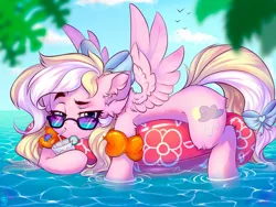 Size: 1600x1200 | Tagged: safe, artist:falafeljake, derpibooru import, oc, oc:bay breeze, pegasus, pony, bow, cute, drink, floating, floaty, hair bow, image, jpeg, looking at you, pegasus oc, raised eyebrow, solo, spread wings, tail, tail bow, water wings, wings