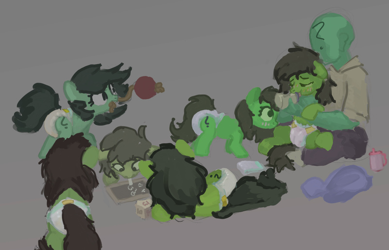 Size: 1694x1089 | Tagged: source needed, questionable, anonymous artist, derpibooru import, oc, oc:anon, oc:anonfilly, pony, bottle feeding, chalkboard, diaper, female, filly, foalsitting, gray background, group, holding a pony, image, jpeg, playing, rope, simple background, towel, toy