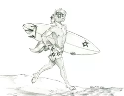 Size: 1500x1161 | Tagged: safe, artist:baron engel, derpibooru import, sandbar, anthro, earth pony, unguligrade anthro, beach, clothes, image, jpeg, male, solo, surfboard, swimming trunks, swimsuit