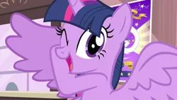 Size: 1280x720 | Tagged: safe, derpibooru import, screencap, twilight sparkle, twilight sparkle (alicorn), alicorn, pony, season 4, three's a crowd, adorkable, breaking the fourth wall, cute, dork, happy, image, meme origin, one eye closed, one eye open, png, solo, spoiler alert, spread wings, talking, twiabetes, wings, wink