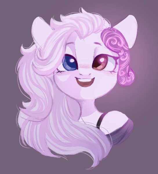 Size: 936x1031 | Tagged: safe, artist:melodylibris, derpibooru import, oc, unofficial characters only, anthro, pony, bra, bra strap, bust, clothes, female, heterochromia, horns, image, jpeg, mare, off shoulder, open mouth, open smile, purple background, simple background, smiling, solo, underwear