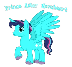 Size: 2222x2077 | Tagged: source needed, safe, anonymous artist, derpibooru import, oc, oc:prince aster novaheart, unofficial characters only, alicorn, pony, fanfic:cat's cradle, alicorn oc, closed mouth, cutie mark, eyebrows, eyes open, happy, high res, horn, image, looking at you, male, name, nostrils, offspring, parent:oc:prince nova sparkle, parent:princess flurry heart, parents:canon x oc, png, product of incest, raised hoof, shakespearicles, simple background, smiling, solo, spread wings, stallion, text, transparent background, white background, wings