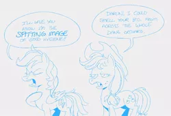 Size: 1022x695 | Tagged: safe, artist:mellodillo, derpibooru import, applejack, rainbow dash, earth pony, pegasus, pony, applejack is not amused, dialogue, duo, eyes closed, female, image, jpeg, mare, monochrome, open mouth, simple background, smelly, speech bubble, unamused, white background