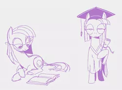 Size: 976x722 | Tagged: safe, artist:mellodillo, derpibooru import, maud pie, earth pony, pony, book, clothes, diploma, female, glasses, graduation cap, hat, hoof hold, image, jpeg, mare, monochrome, reading, robe, simple background, solo, white background