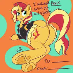 Size: 3000x3000 | Tagged: suggestive, artist:erynerikard, derpibooru import, sunset shimmer, pony, unicorn, butt, clothes, dock, equestria girls outfit, female, heart, heart hoof, hearts and hooves day, image, looking back, mare, plot, png, presenting, rear view, smiling, solo, solo female, tail, underhoof, valentine's day card